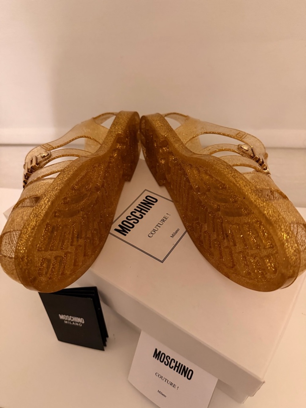 Moschino WOMEN Gold Glitter Jelly Sandals with Logo Strap - Picture 3 of 5